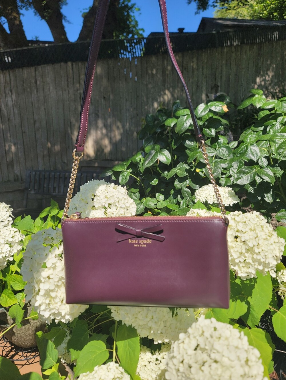 kate spade Plum Leather Crossbody with Gold Chain Strap and Bow - Picture 9 of 10